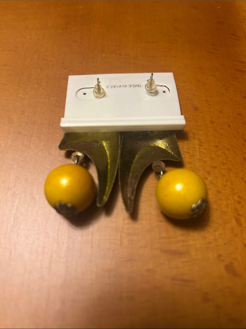 Vintage Gold Space Astro MCM Dangle Earrings with Yellow Bead Accents - Picture 3 of 4